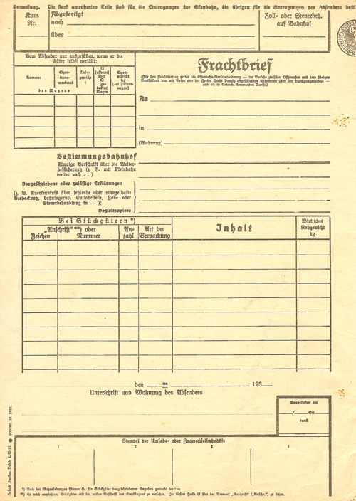 Frachtbrief Deutsche Reichsbahn